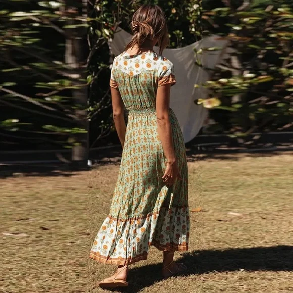 LAST 1! #56 Floral Long Button V Neck Short Sleeve Maxi Flowy Bohemian Dress - Picture 3 of 5